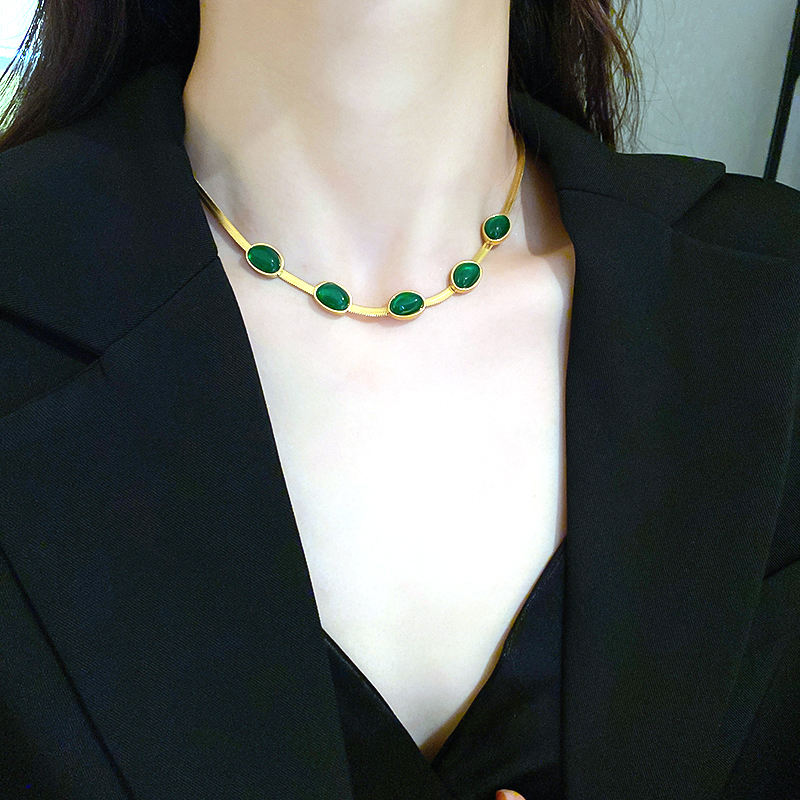 Oval Green Crystal Necklace Set With Bracelet