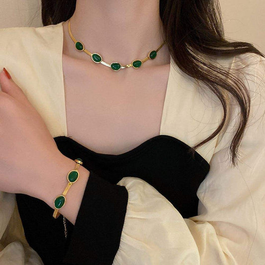 Oval Green Crystal Necklace Set With Bracelet